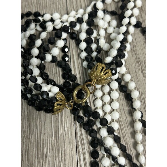 VTG LONG Multi Strand Faceted Glass Necklace Beaded Black White Gold Tone Link - Picture 4 of 8